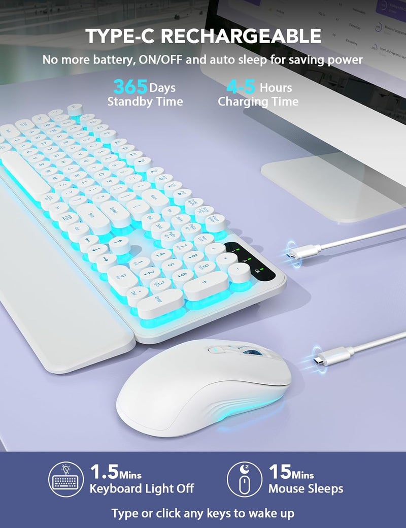 Trueque Wireless Keyboard and Mouse Backlit - Typewriter Keyboard with Retro Round Keycaps, Detachable Wrist Rest, Light Up Letters, 2.4G Rechargeable Combo for Mac, Windows, PC, Laptop, (White) - Image 4